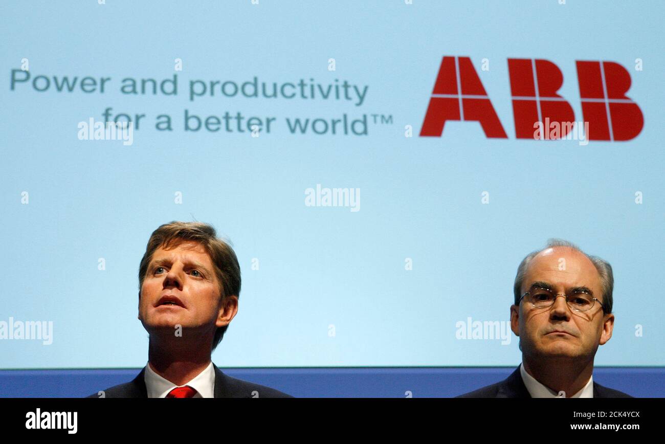 CEO of Swiss engineering group ABB Joe Hogan and CFO Michel Demare (R)  address the company's annual news conference in Zurich February 12, 2009.  ABB posted a better-than-expected fourth-quarter net profit, but