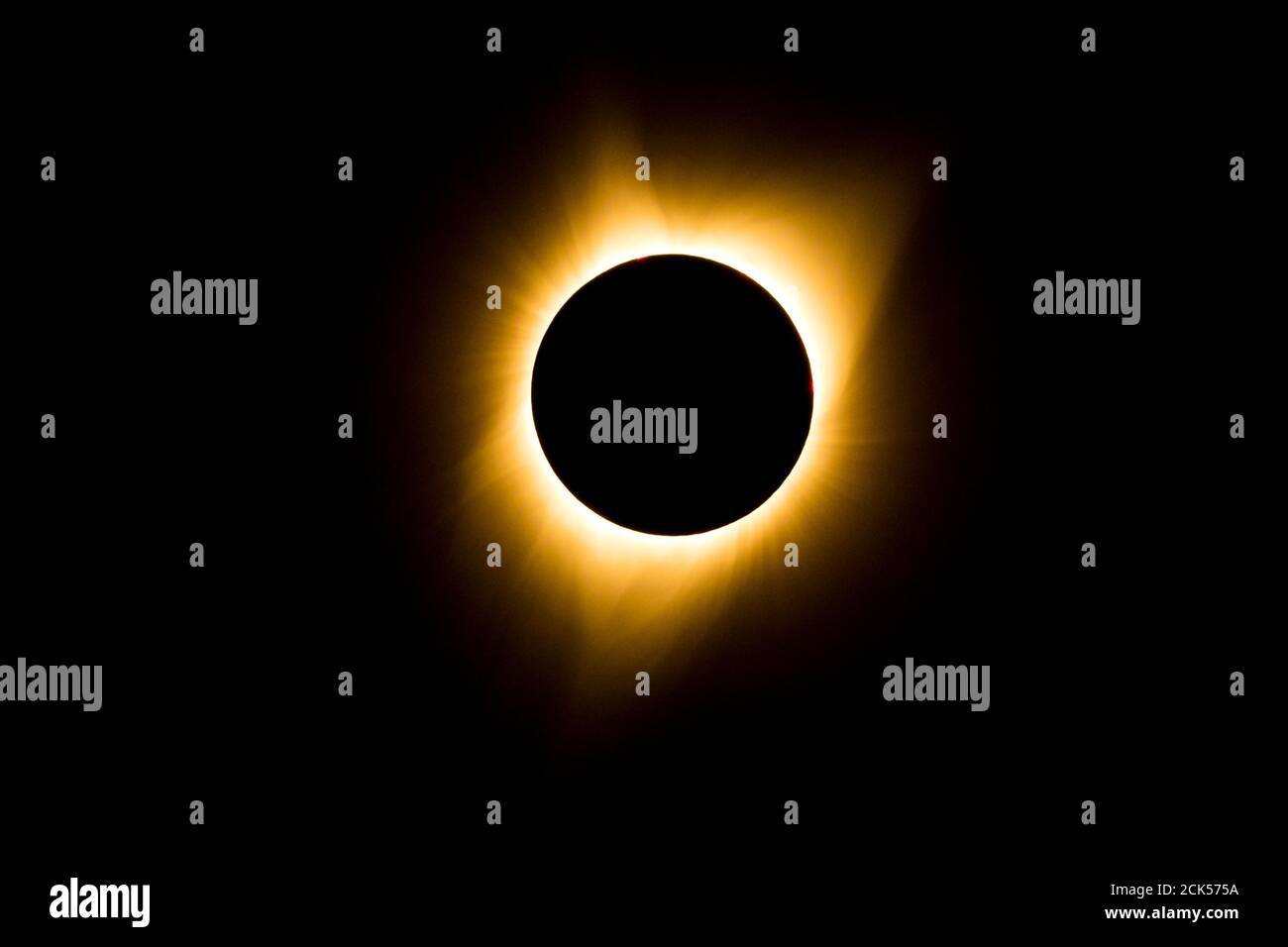 The sun's corona envelops the moon in this total solar eclipse viewed from Oregon, USA. Stock Photo
