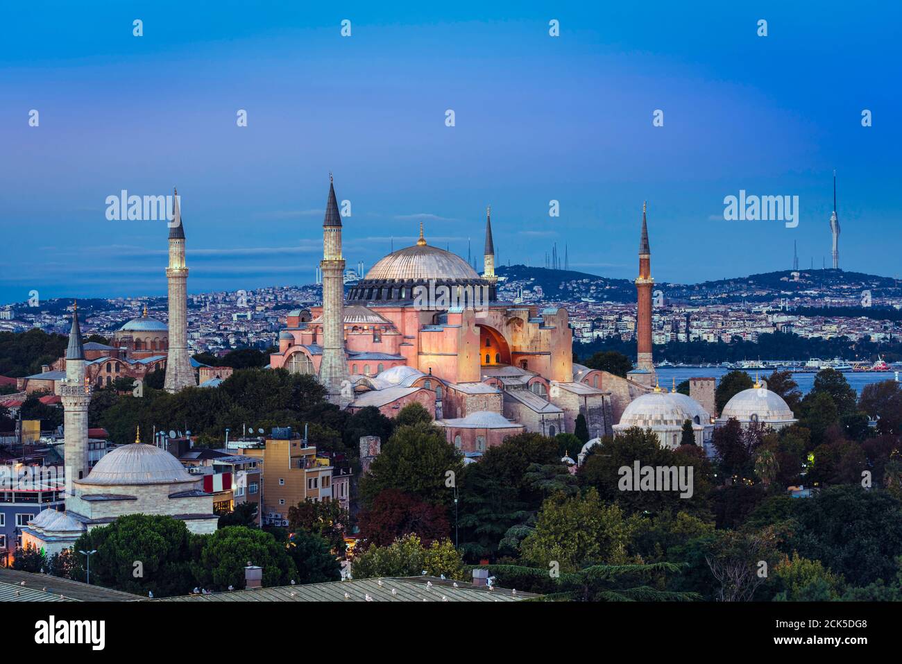 Istanbul skyline with Hagia Sophia and Bosporus in Turkey at sunset Stock Photo