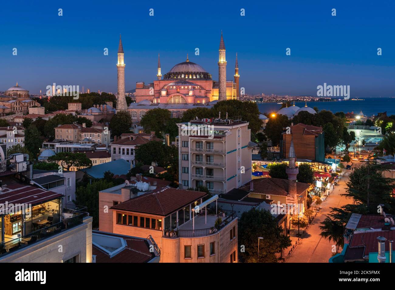 Istanbul high angle view with Hagia Sophia and city skyline at night ...