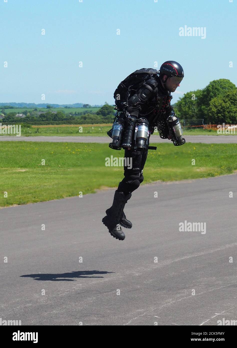Inventor Richard Browning of technology startup Gravity flies in his ÒDaedalusÓ jet suit at Henstridge airfield in Somerset, Britain, May 25, 2017. Picture taken May 25, 2017. REUTERS/Mark Hanrahan Stock Photo