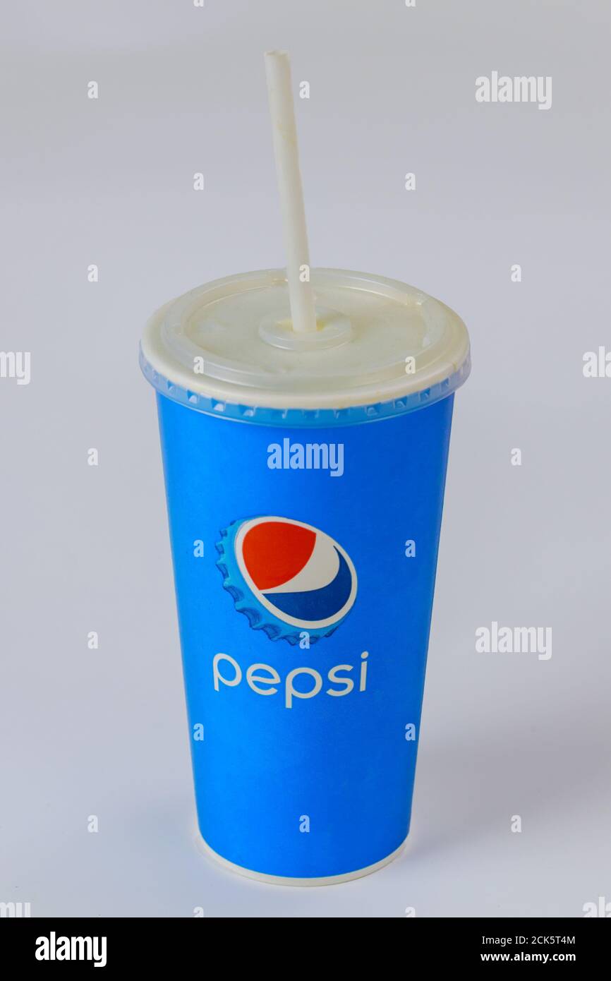 CLEWELAND OH US 15 SEPTEMBER 2020: Pepsi paper cup with Pepsi logo is a world famous carbonated soft drink, Illustrative editorial Stock Photo