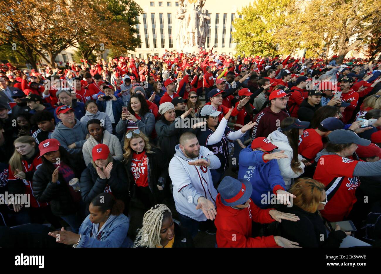 Washington Nationals' fans react to 'Baby Shark' song during the World Series championship parade and rally to celebrate the Washington Nationals' 2019 World Series victory in Washington, U.S., November 2, 2019. REUTERS/Jim Bourg Stock Photo