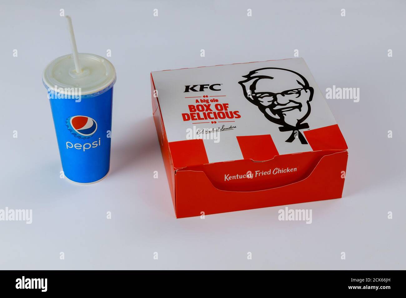 CLEVELAND OH US 15 SEPTEMBER 2020: KFC Popular fast food restaurant now featured menu, the box and Pepsi refill Stock Photo
