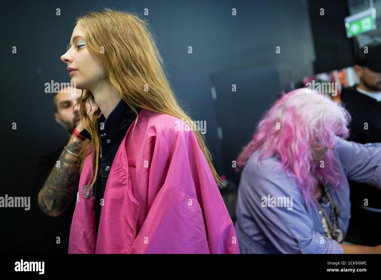 Models prepare backstage of the Bora Aksu show at London Fashion Week Women's A/W19 in London, Britain February 15, 2019. REUTERS/Henry Nicholls Stock Photo