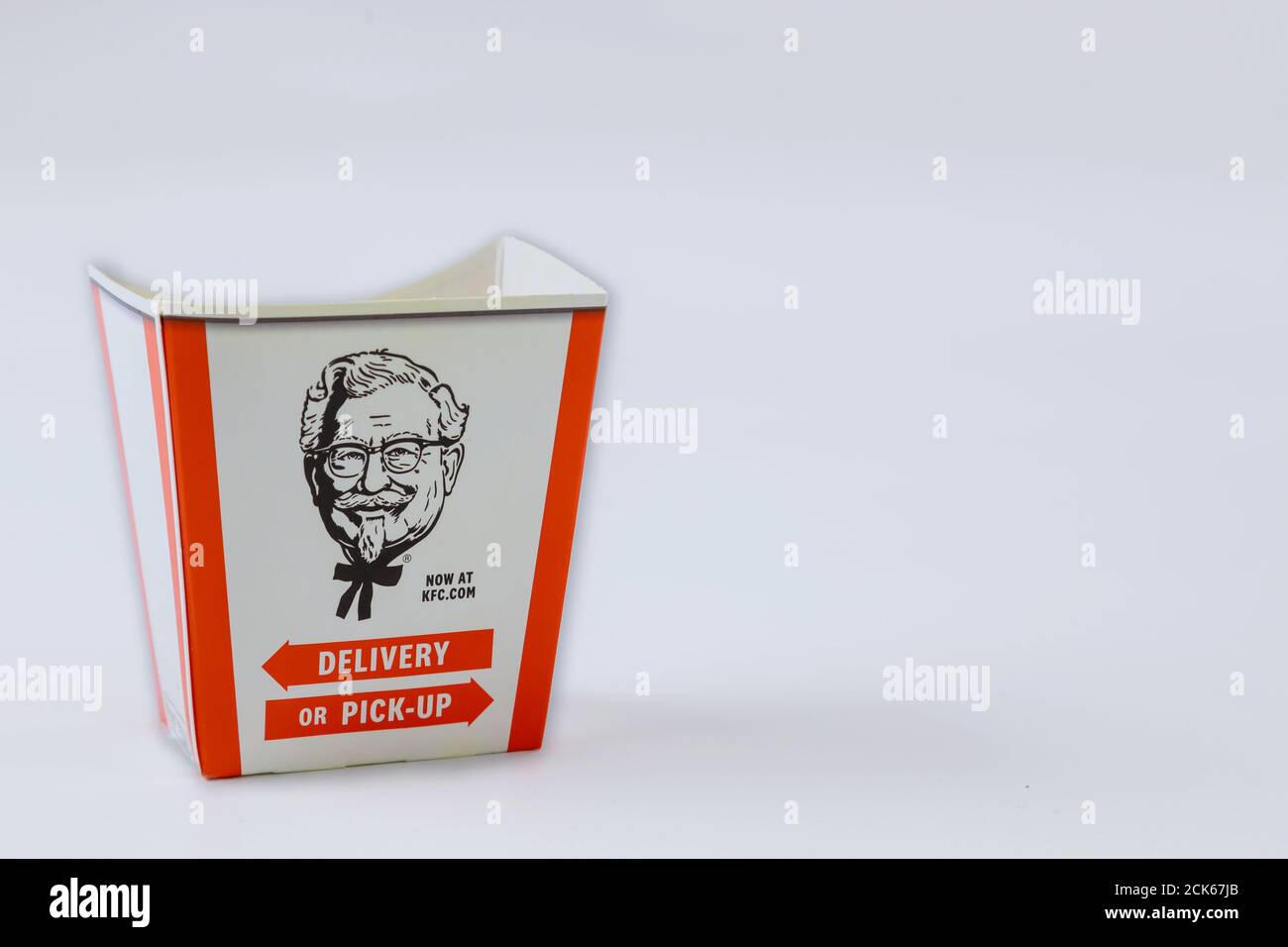 CLEVELAND OH US 15 SEPTEMBER 2020: Box with KFC logo on table in KFC Restaurant Stock Photo
