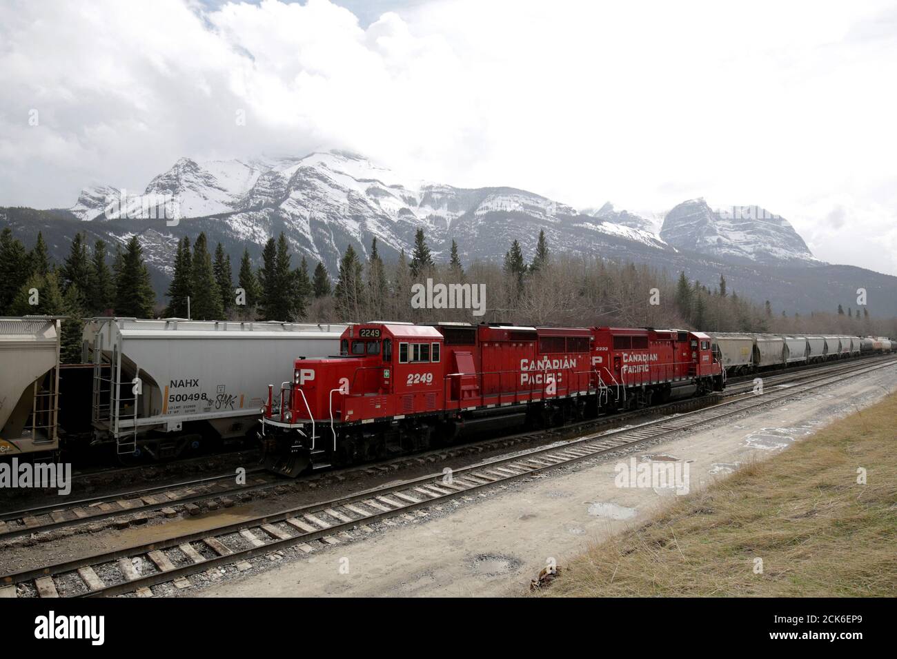 A CP Rail train stopped on the tracks near Canmore, Alberta, April 28, 2017. Picture taken April 28, 2017. REUTERS/Todd Korol Stock Photo