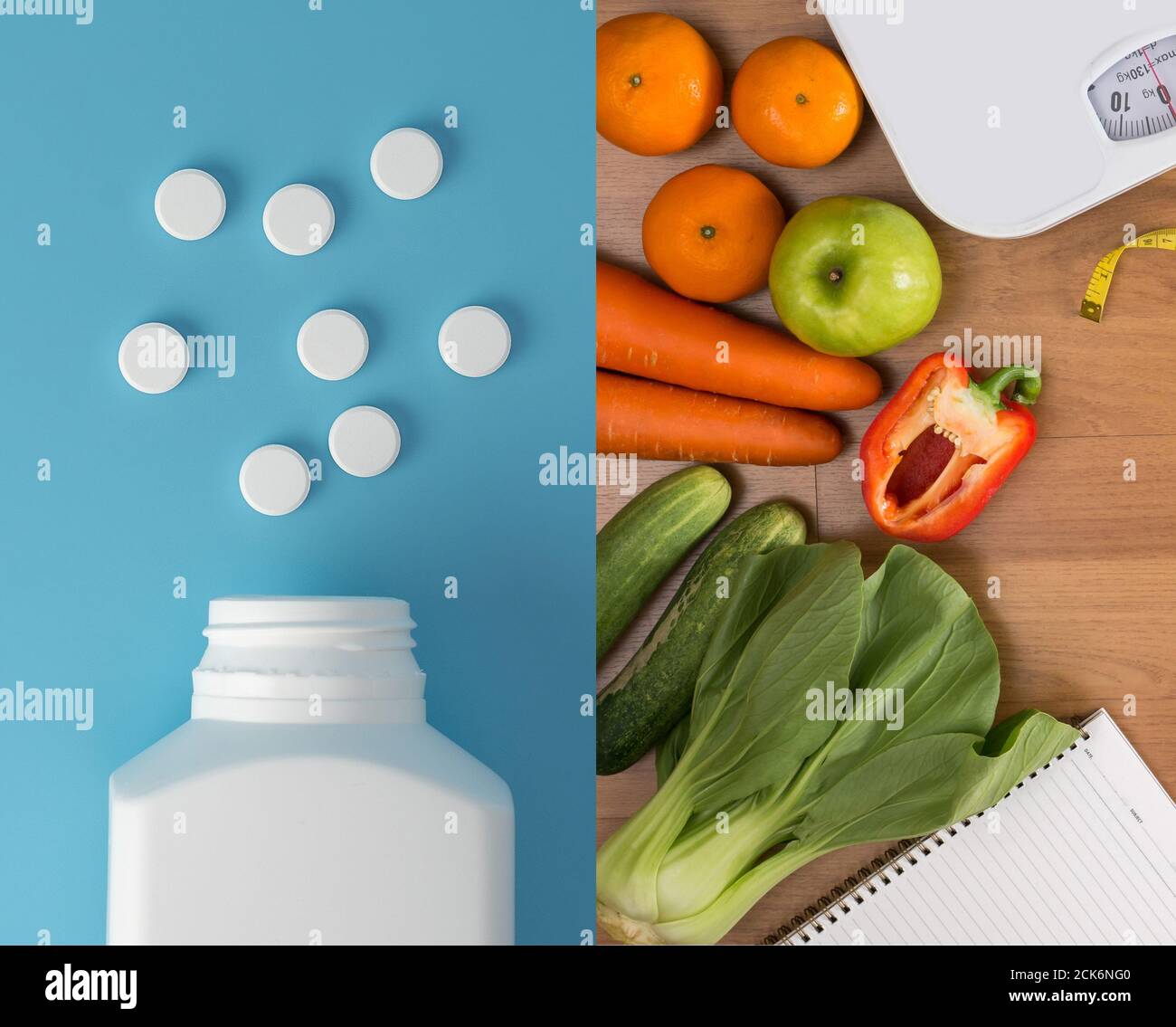 healthy food and drug Vitamins with fruit vegetables medicine health