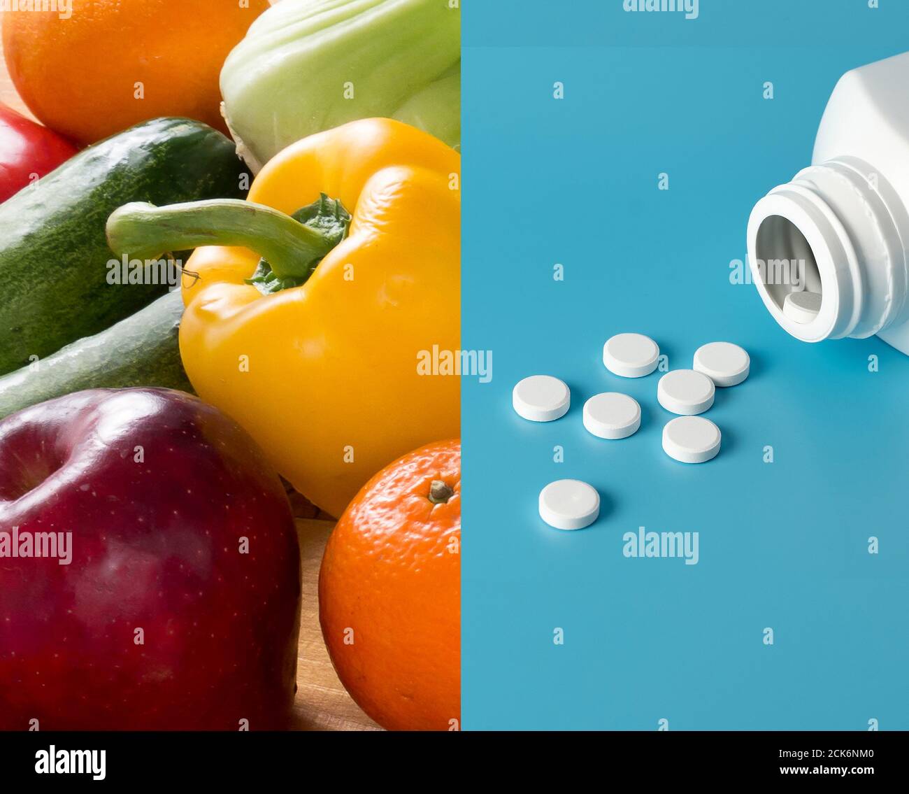 healthy food and drug Vitamins with fruit vegetables medicine health