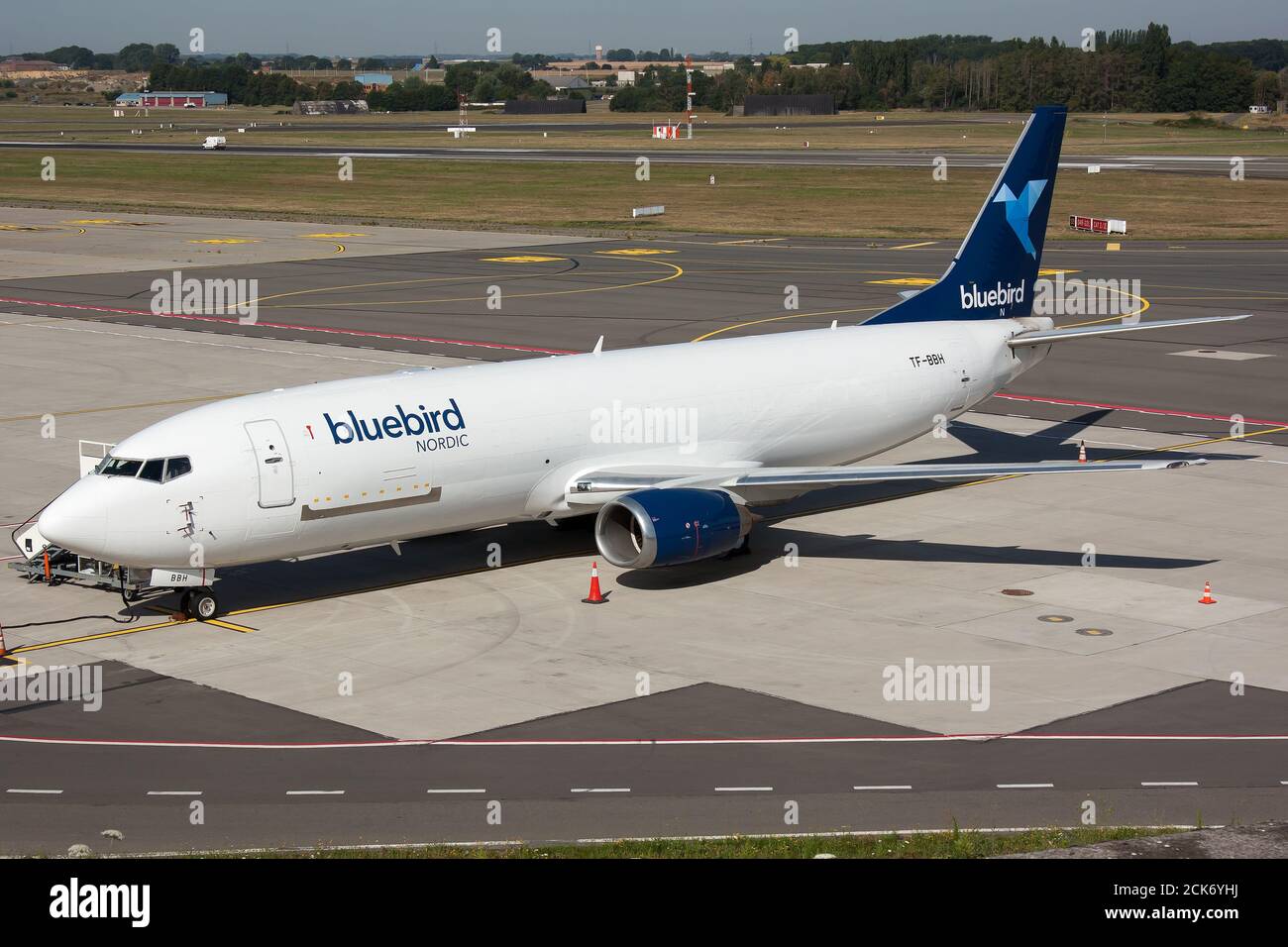 Liege, Belgium. 30th July, 2020. A Bluebird Cargo Boeing 737-400F parked at Liege Bierset airport. Credit: SOPA Images Limited/Alamy Live News Stock Photo