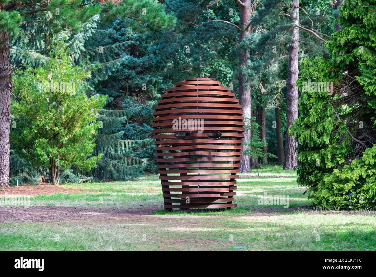Metal head sculpture in the pinetum at RHS Wisley Gardens, Surrey, England Stock Photo