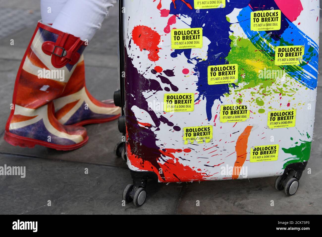 Anti-Brexit stickers are seen on a woman's suitcase in a street in London, Britain January 30, 2019. REUTERS/Toby Melville Stock Photo