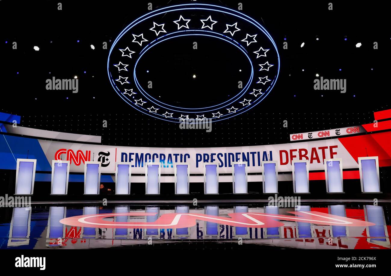 The 12 candidates podiums stand ready before the fourth U.S. Democratic presidential candidates 2020 election debate at Otterbein University in Westerville, Ohio U.S. October 15, 2019.   REUTERS/Jim Bourg Stock Photo