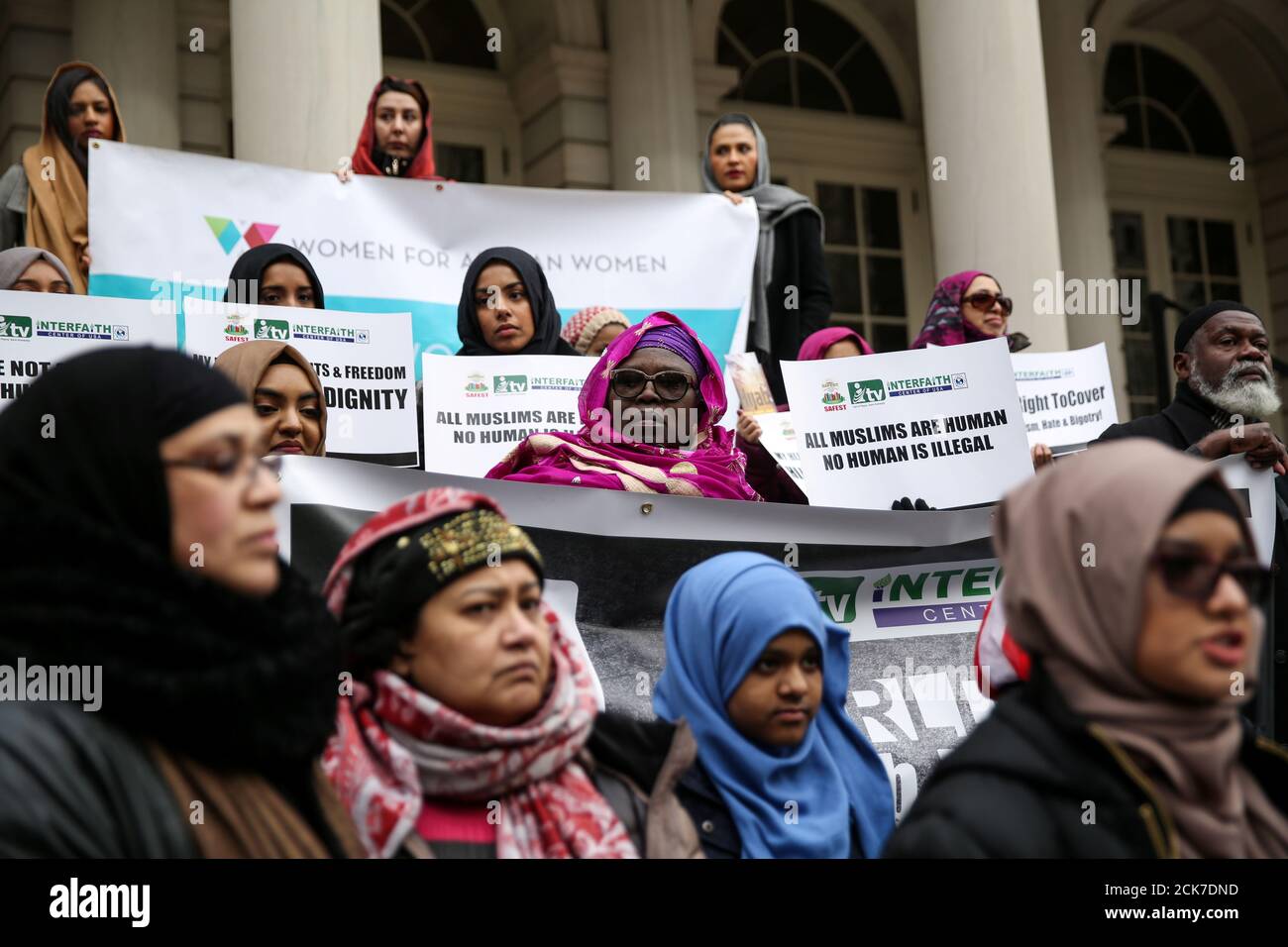 Muslim American women take part in a World Hijab Day rally held in front of New York City Hall in Manhattan, New York, U.S., February 1, 2018. REUTERS/Amr Alfiky Stock Photo