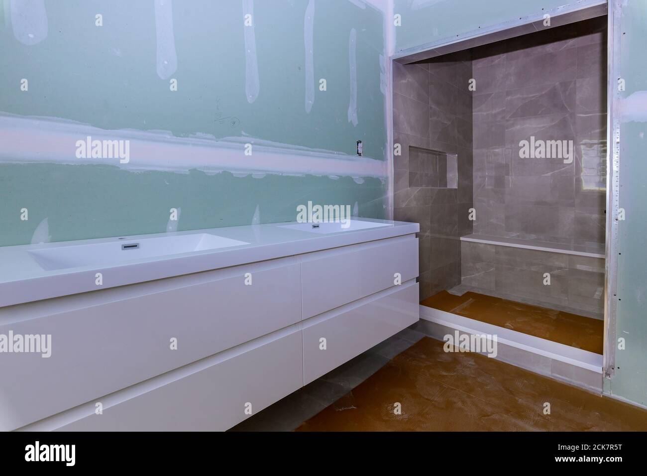 Designer renovation construction bathroom with shower interior of