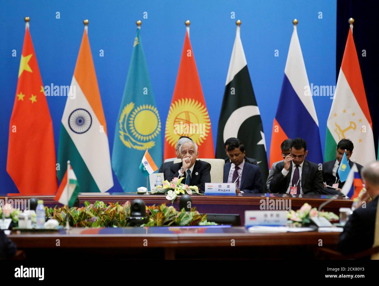 Indian delegation attend a plenary meeting of the Shanghai Cooperation Organization (SCO) security secretary summit in Beijing, China, May 22, 2018. REUTERS/Jason Lee/Pool Stock Photo