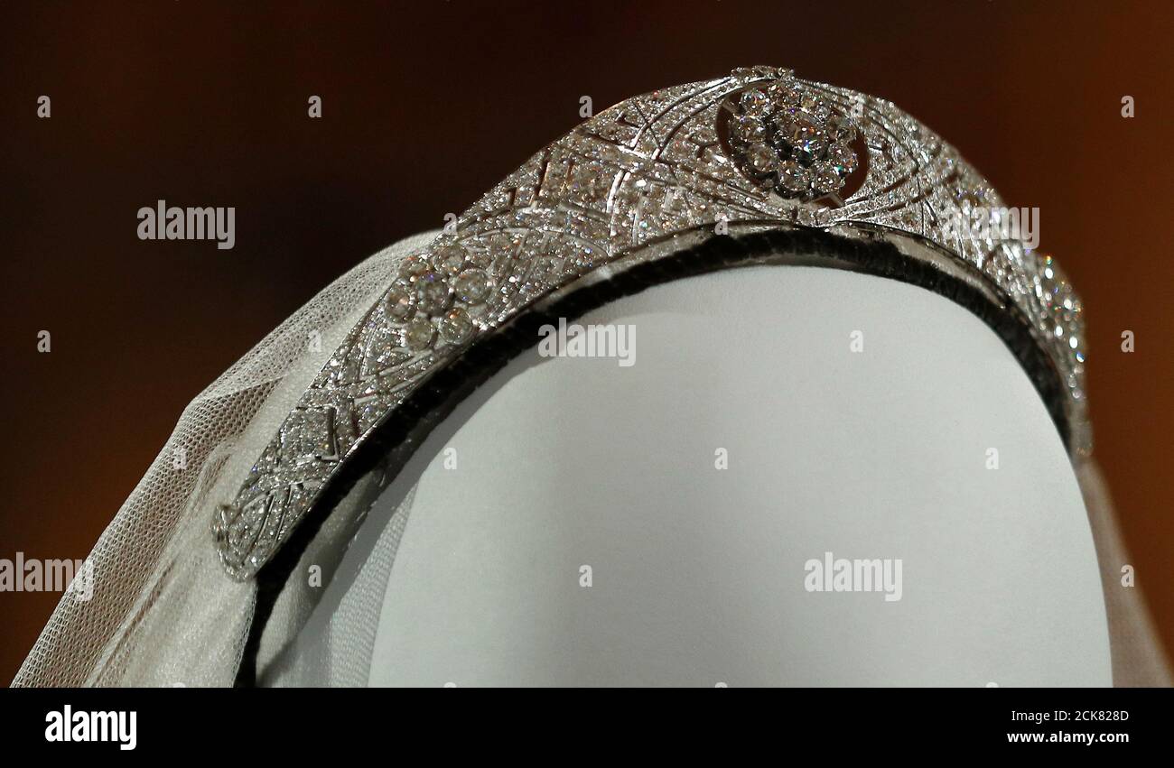 The Diamond And Platinum Bandeau Tiara Worn By Meghan Duchess Of Sussex And Lent To Her By Britain S Queen Elizabeth Is Seen Ahead Of The Exhibition A Royal Wedding At Windsor Castle