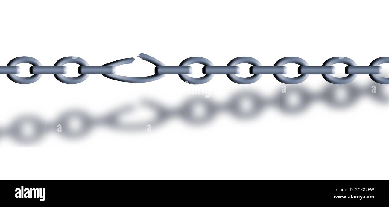 A chain is seen with stretched and broken weak link. Stock Photo