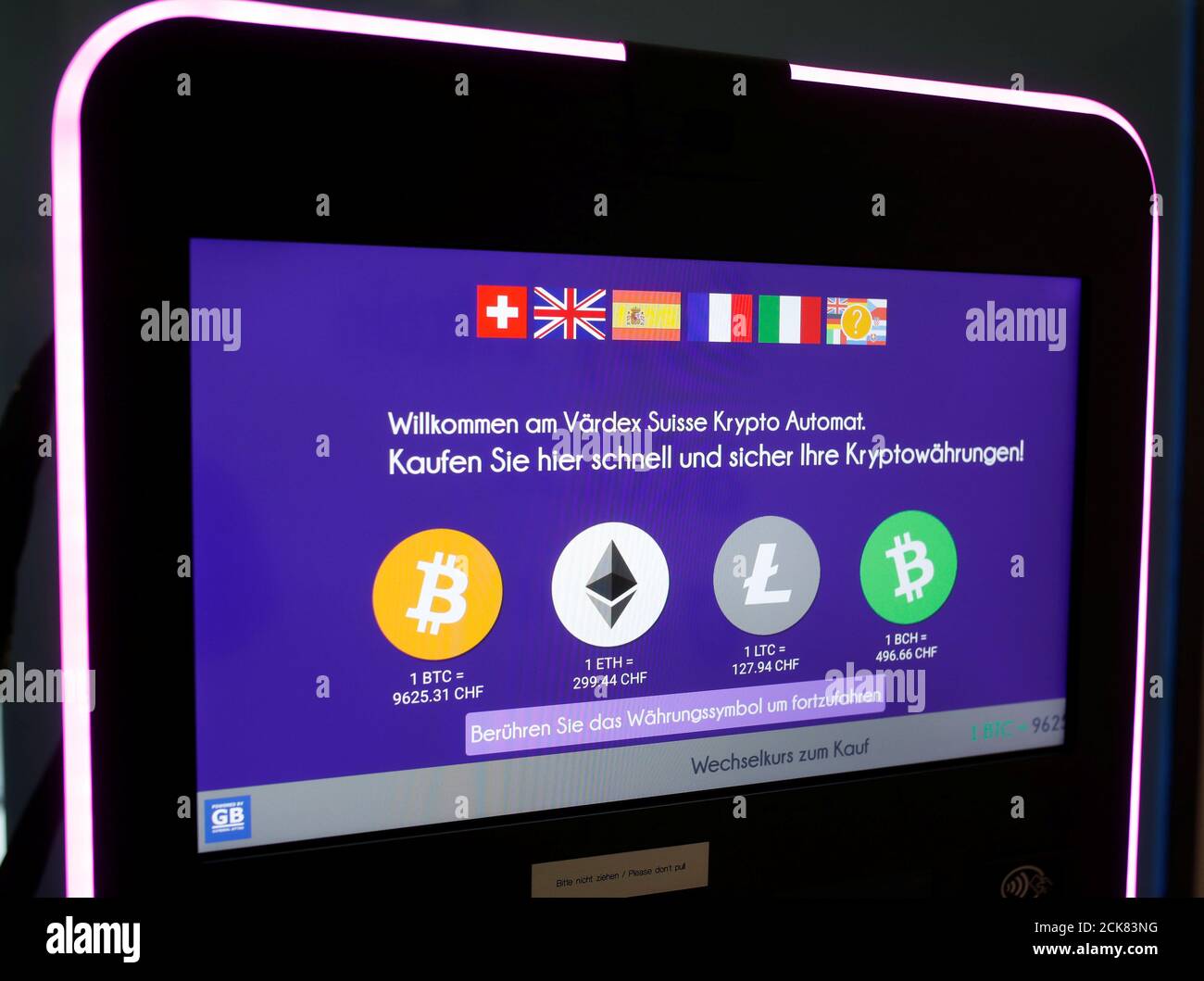 https www alamy com the exchange rates and logos of bitcoin bth ether eth litecoin ltc and bitcoin cash bch are seen on the display of a cryptocurrency atm of blockchain payment service provider vaerdex at the headquarters of swiss falcon private bank in zurich switzerland may 29 2019 reutersarnd wiegmann image373274764 html