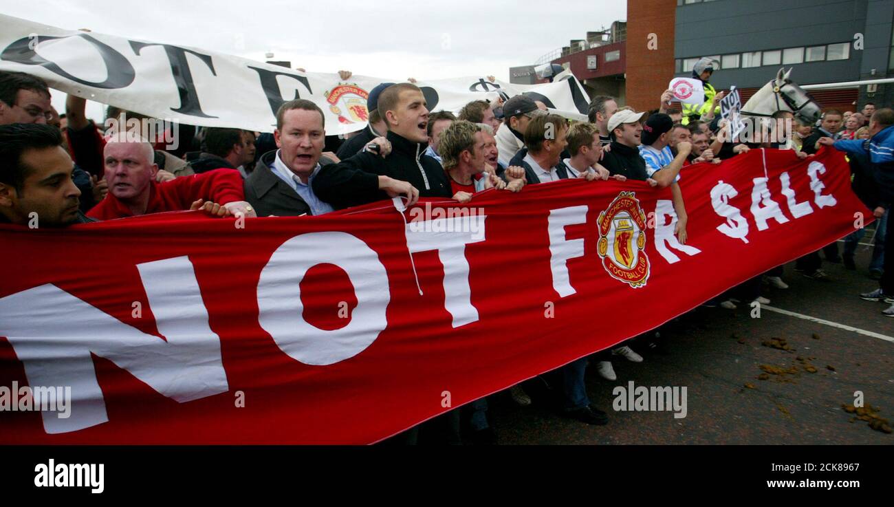 Manchester United Fans Protest Against The Proposed Sale Of The Club Before Their English Premier League Match Against Arsenal At Old Trafford Manchester United Fans Protest Against The Proposed Sale Of The