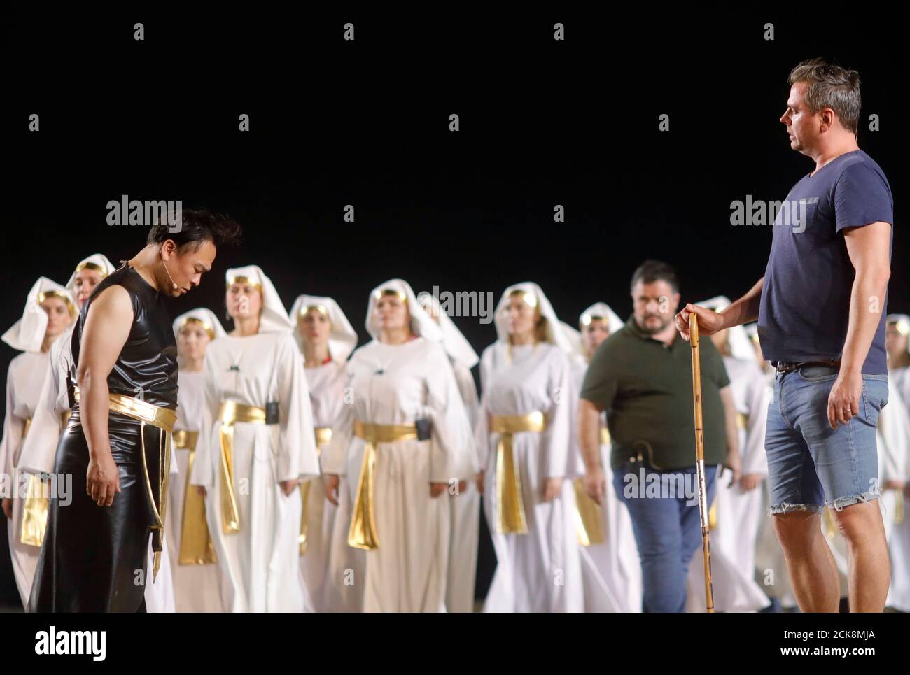Mickael Spadaccini (R) playing the role of Radames rehearses a scene from the opera 'Aida' originally set in the Old Kingdom of Egypt and composed by Giuseppe Verdi at the Temple of Queen Hatshepsut in West Bank of Luxor, Egypt, October 24, 2019. REUTERS/Amr Abdallah Dalsh Stock Photo