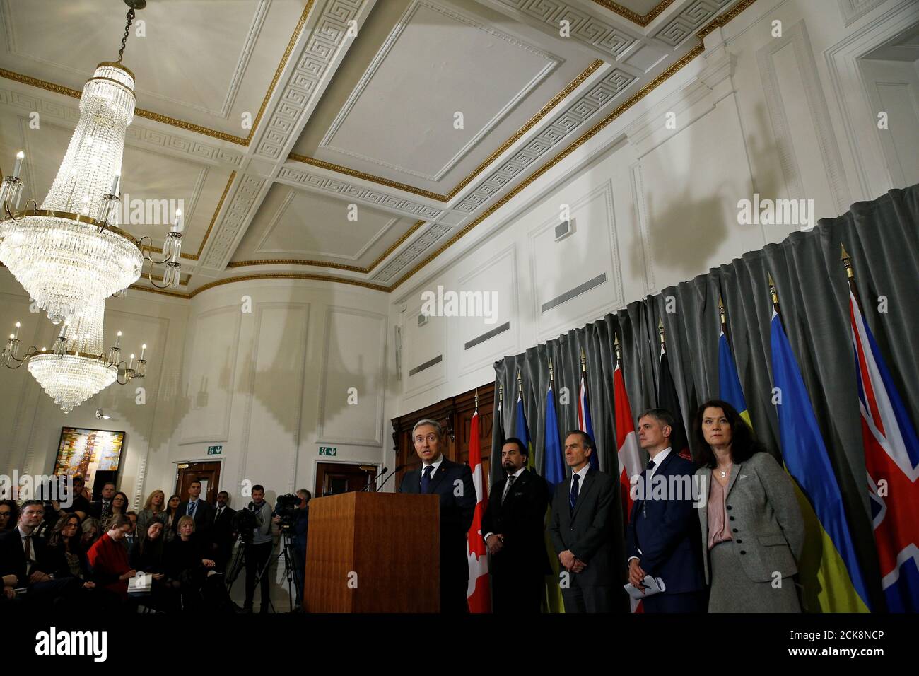 Canada's Minister of Foreign Affairs Francois-Philippe Champagne speaks during a news conference, standing next to Sweden's Foreign Minister Ann Linde, Ukraine's Foreign Minister Vadym Prystaiko, Afghanistan's acting Foreign Minister Idrees Zaman and British MP Andrew Murrison, after a meeting of the International Coordination and Response Group for the families of the victims of the Ukraine International flight which crashed in Iran, at the High Commission of Canada in London, Britain January 16, 2020.     REUTERS/Henry Nicholls Stock Photo