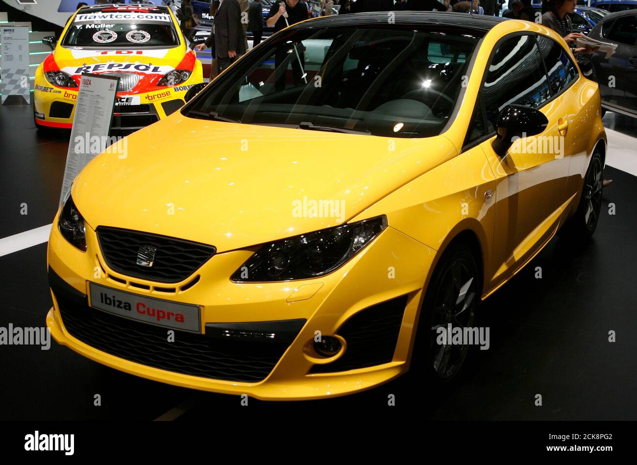 A Seat Ibiza Cupra is displayed during the first media day of the 79th  Geneva Car Show at the Palexpo in Geneva March 3, 2009. REUTERS/Arnd  Wiegmann (SWITZERLAND Stock Photo - Alamy
