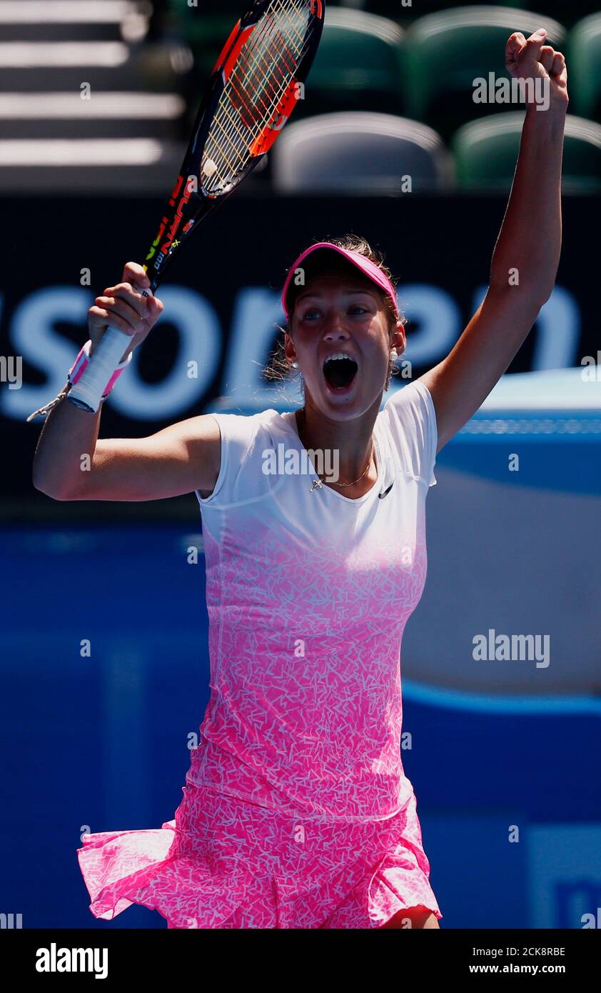 Tereza Mihalikova of Slovakia celebrates after defeating Katie Swan of Britain during their junior girls' singles final match at the Australian Open 2015 tennis tournament in Melbourne January 31, 2015. REUTERS/Thomas Peter (AUSTRALIA  - Tags: SPORT TENNIS) Stock Photo