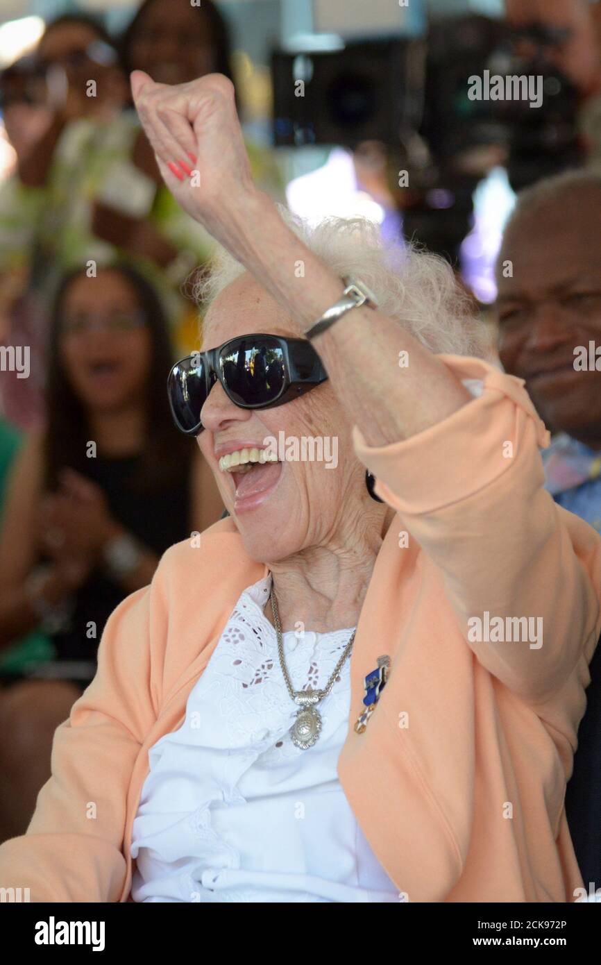 Retired NASA Langley “Human Computer” research mathematician Katherine G. Johnson is being recognized for her contributions in America’s first space flight mission at Carousel Park in downtown Hampton August 26, 2016. During the ceremony guests wished her a Happy 98th birthday during the unveiling of a historical park bench dedicated in her honor. (USA) Stock Photo