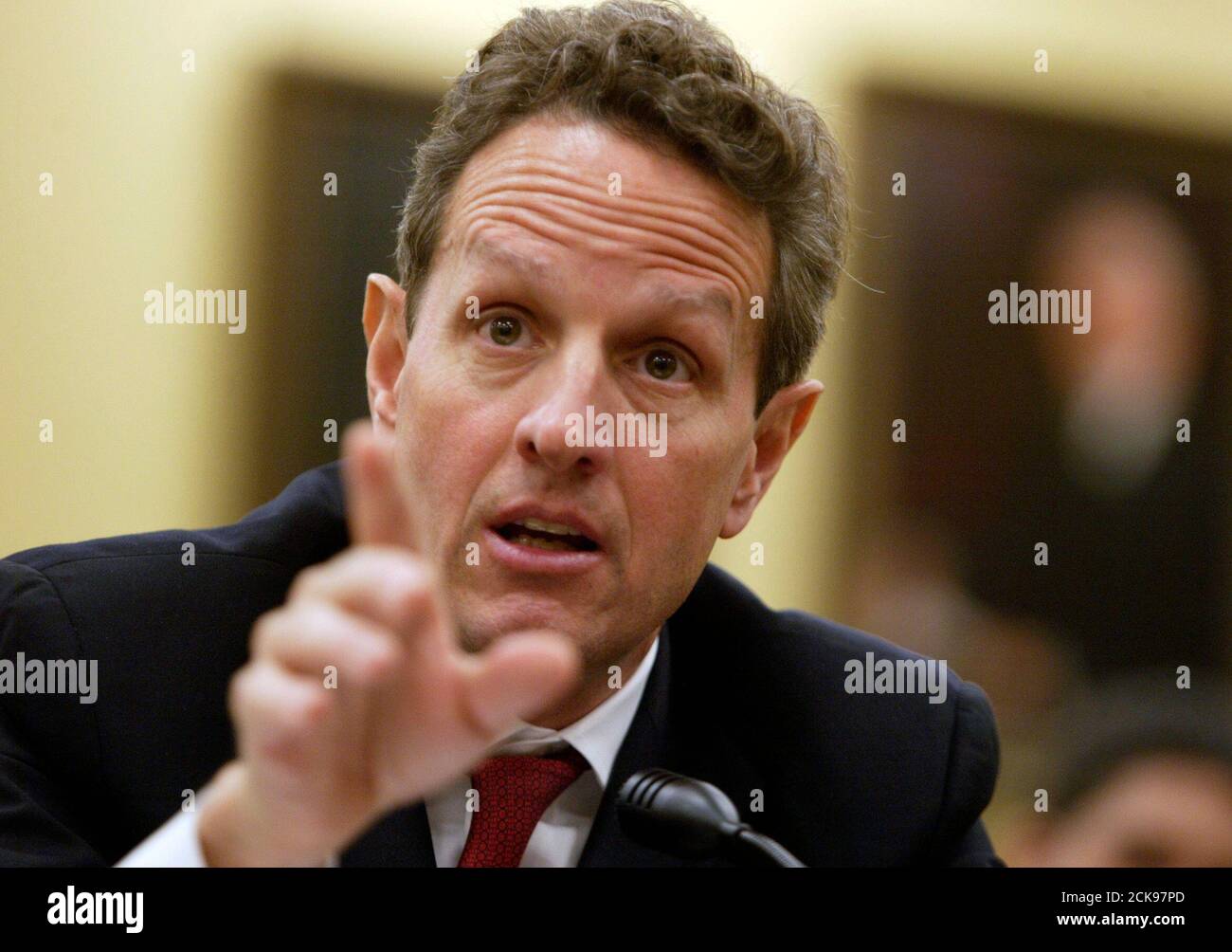 U.S. Treasury Secretary Timothy Geithner testifies about the Obama administration's budget proposals and goals for economic recovery and reform before the House Appropriations Subcommittee on General Government and Financial Services in Washington, May 21, 2009. Geithner said that a bailout for banks was steadying the financial system but care must be taken to ensure that normal market forces are allowed to operate.  REUTERS/Jim Bourg   (UNITED STATES BUSINESS POLITICS IMAGES OF THE DAY) Stock Photo