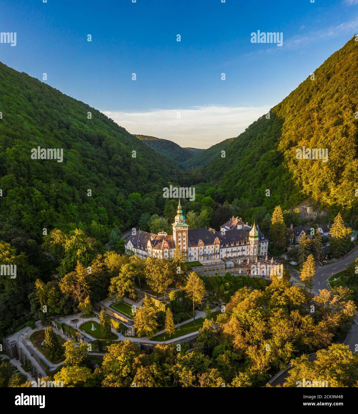 Lillafured, Hungary - Aerial view of the famous Lillafured Castle in the mountains of Bukk near Miskolc on a sunny summer morning Stock Photo