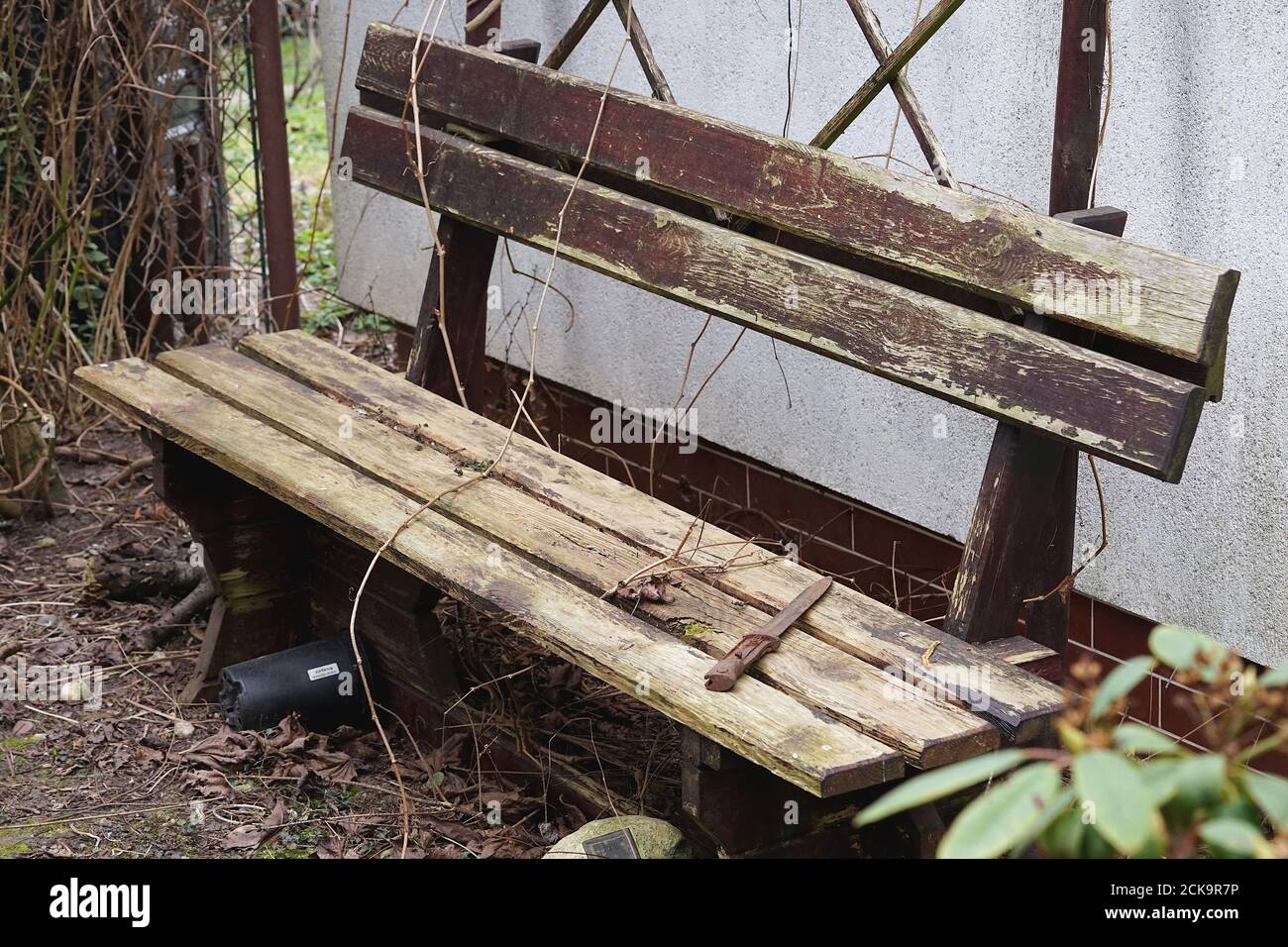 old wooden bench in the yard Stock Photo - Alamy