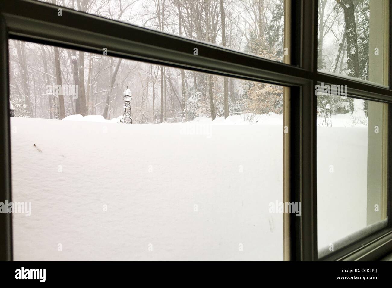 A view from a basement window shows overnight snow covering the grounds after a blustery snowstorm inside the Washington DC Beltway in Annandale, Virginia, January 23, 2016. Thick snow covered the Washington D.C. area on Saturday as a potentially record-breaking blizzard paralyzed road, rail and airline travel on the U.S. East Coast from North Carolina to New York. REUTERS/Hyungwon Kang Stock Photo