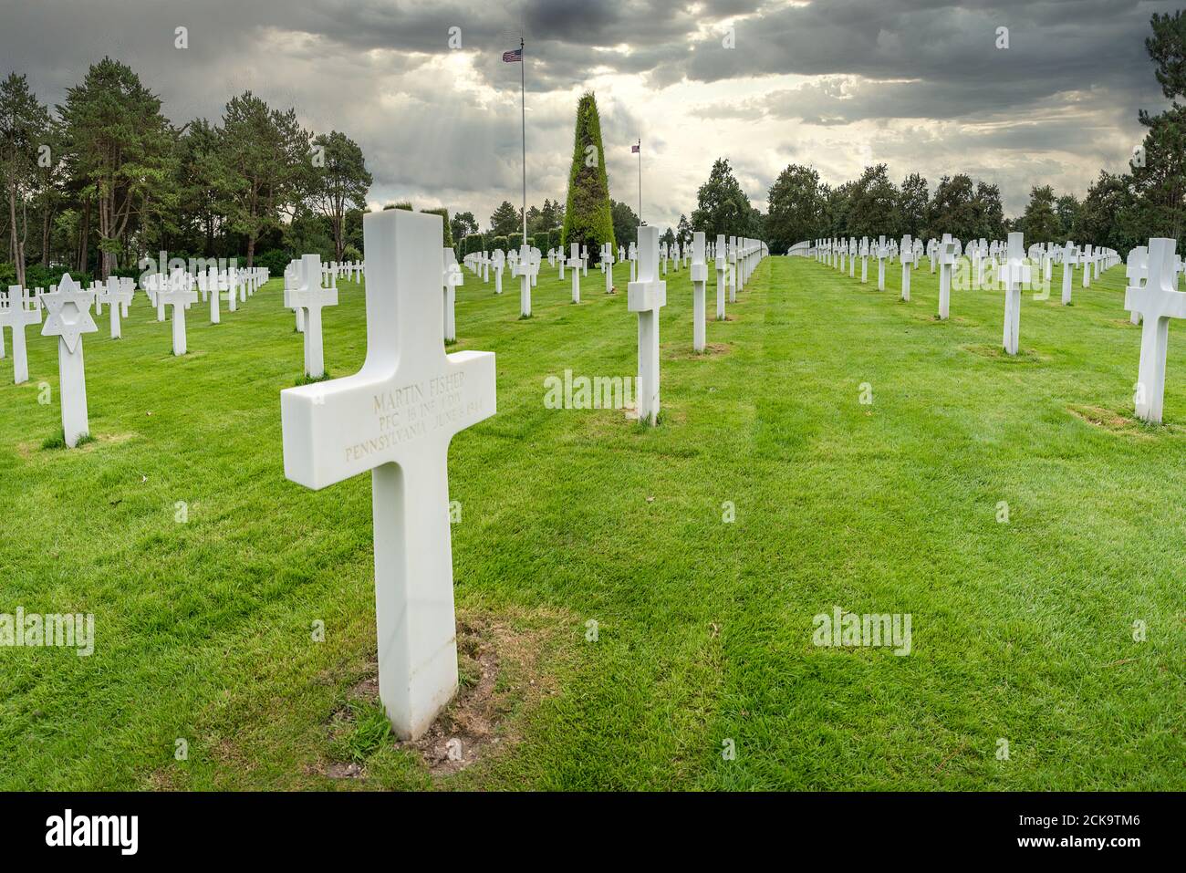 Normandy, France - US cemetery, Omaha Beach. The cemetery site, contains the graves of 9,385 people most of whom lost their lives in Stock Photo