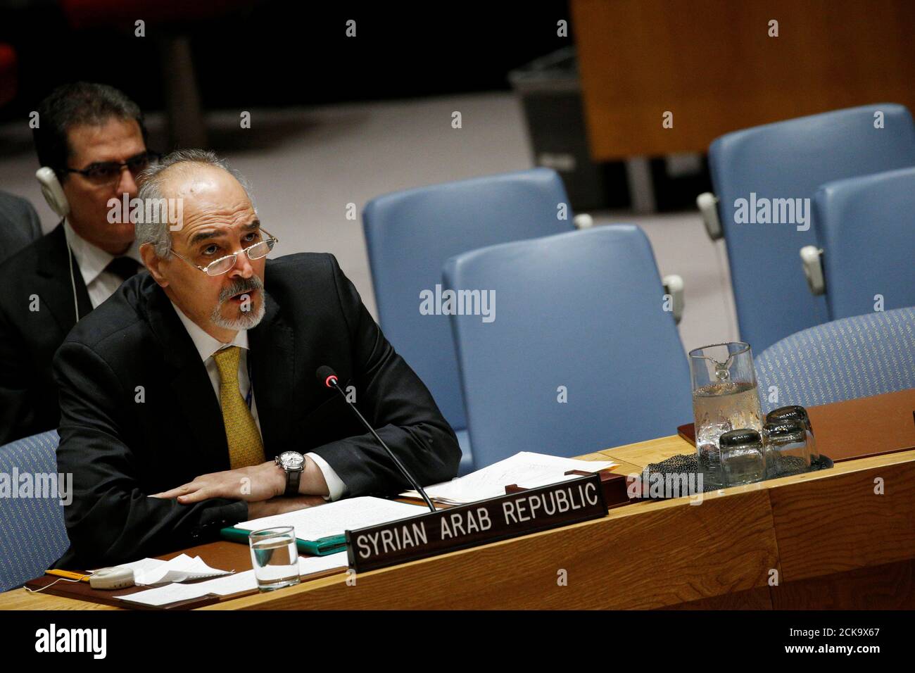 Syrian Arab Republic Ambassador to the U.N. Bashar Jaafari speaks during a UN Security Council meeting on Syria at the United Nations headquarters in New York, U.S., February 22, 2018. REUTERS/Brendan McDermid Stock Photo