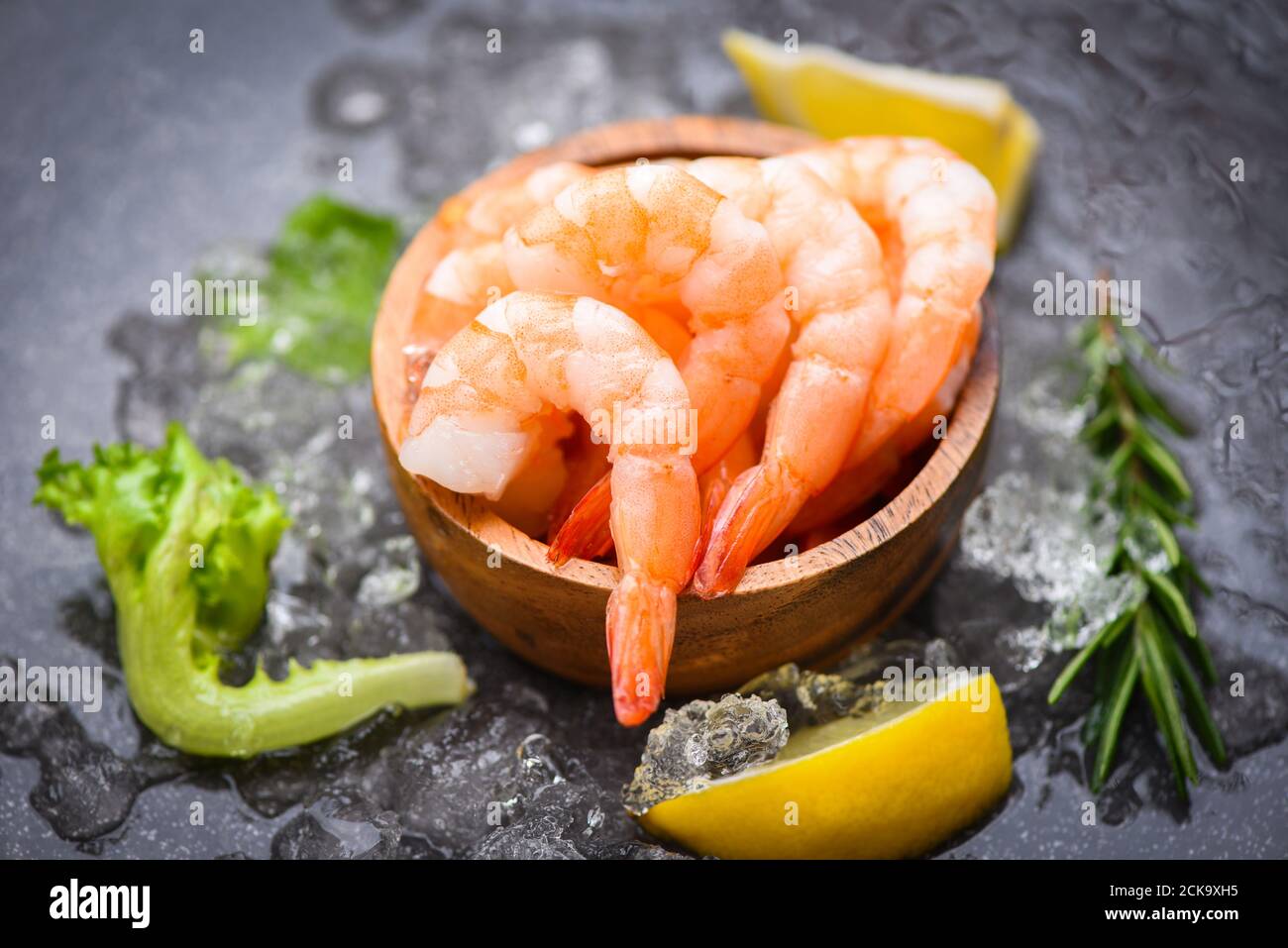 Boiled shrimps prawns on ice frozen at the seafood restaurant fresh
