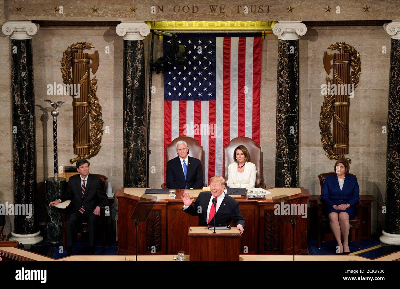U.S. President Donald Trump delivers his second State of the Union address to a joint session of the U.S. Congress in the House Chamber of the U.S. Capitol on Capitol Hill in Washington, U.S. February 5, 2019. REUTERS/Joshua Roberts Stock Photo
