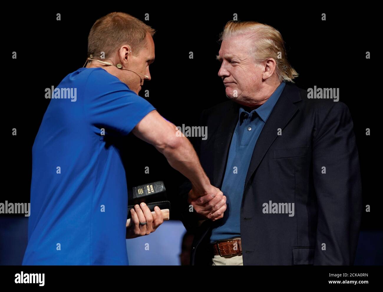 U.S. President Donald Trump shakes hands with Pastor David Platt after he prayed for him at the McLean Bible Church, in Vienna, Virginia, U.S., June 2, 2019.      REUTERS/Joshua Roberts Stock Photo