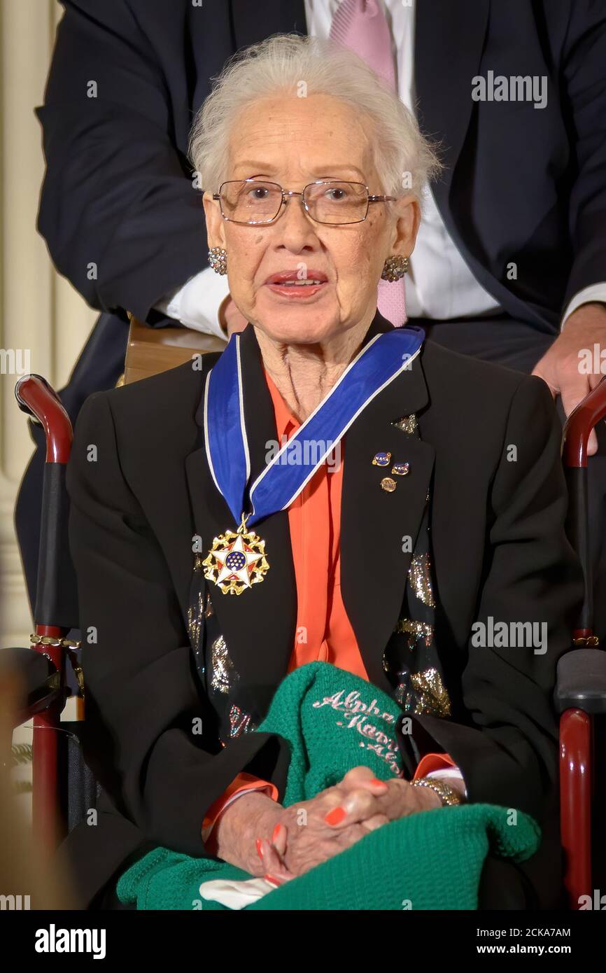 Former NASA “human computer” mathematician Katherine Johnson is seen after President Barack Obama presented her with the Presidential Medal of Freedom, Tuesday, November 24, 2015, during a ceremony in the East Room of the White House in Washington. Photo Credit: NASA/Bill Ingalls Stock Photo