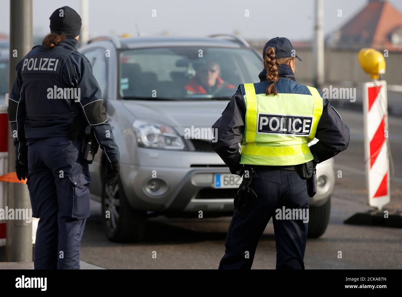 French and German police conduct a control at the French-German border at  the "Le Pont de l'Europe" bridge in Strasbourg, France, to check vehicles  and verify the identity of travellers as security