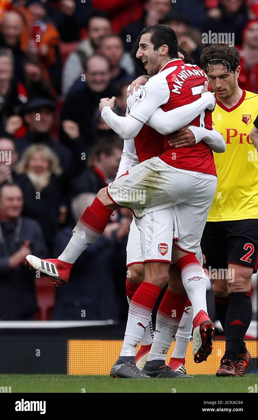 Soccer Football - Premier League - Arsenal vs Watford - Emirates Stadium, London, Britain - March 11, 2018   Arsenal's Henrikh Mkhitaryan celebrates scoring their third goal     REUTERS/Eddie Keogh    EDITORIAL USE ONLY. No use with unauthorized audio, video, data, fixture lists, club/league logos or 'live' services. Online in-match use limited to 75 images, no video emulation. No use in betting, games or single club/league/player publications.  Please contact your account representative for further details. Stock Photo