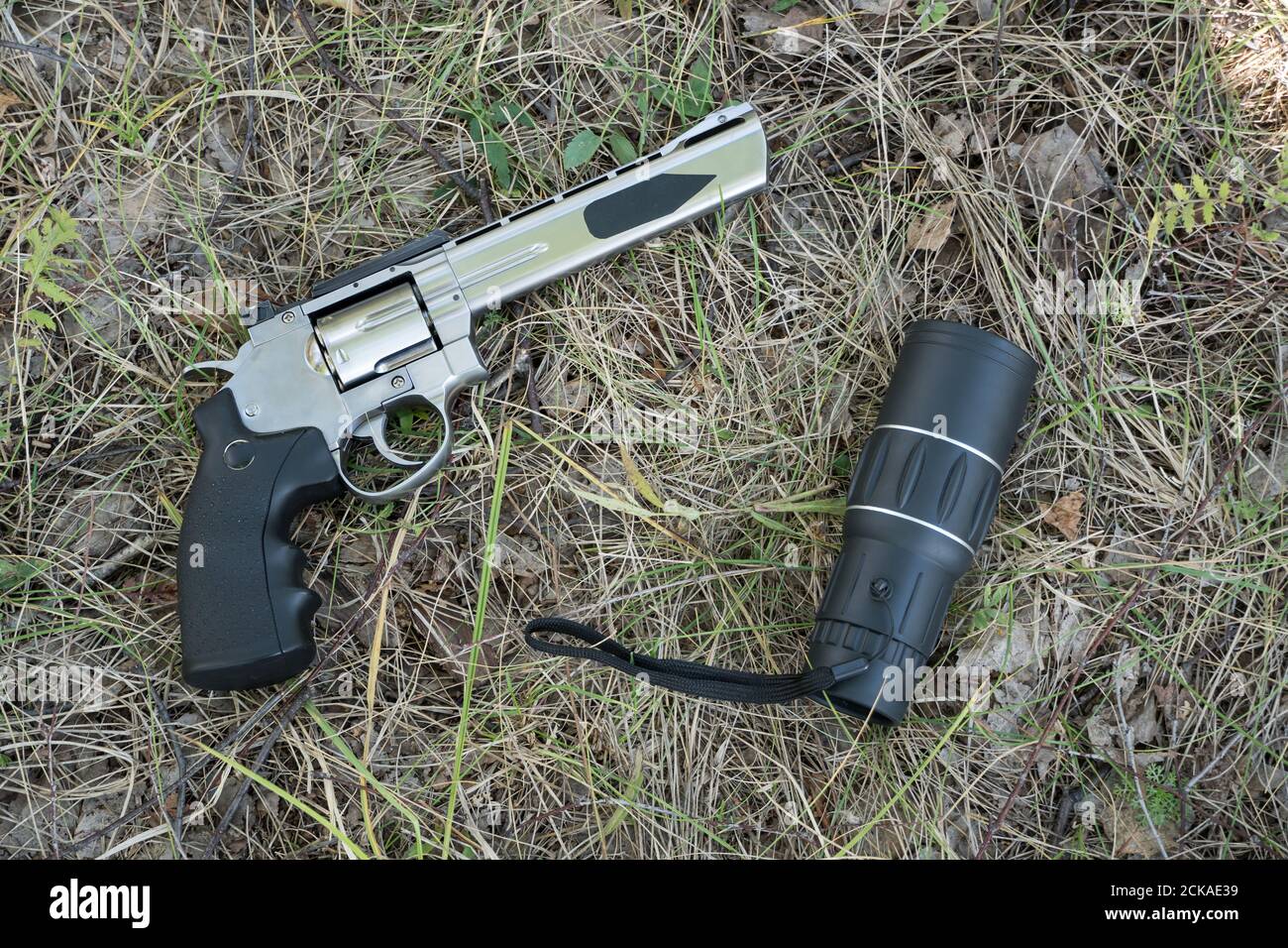 A telescope or binoculars are lying in the forest on the grass next to a  pistol revolver Stock Photo - Alamy