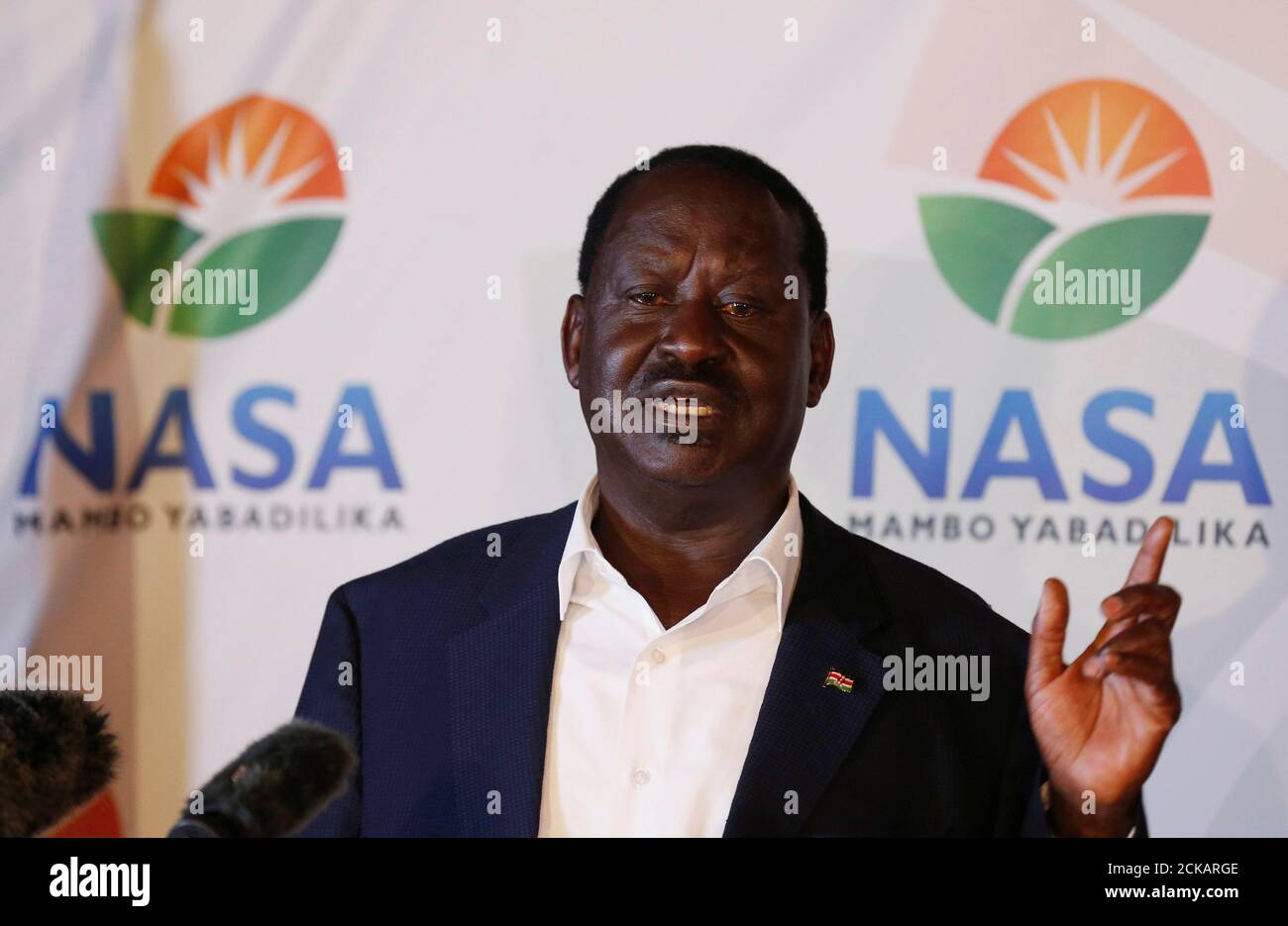 Kenyan opposition leader Raila Odinga, the presidential candidate of the National Super Alliance (NASA) coalition, address a news conference on the concluded presidential election in Nairobi, Kenya, August 9, 2017. REUTERS/Thomas Mukoya Stock Photo