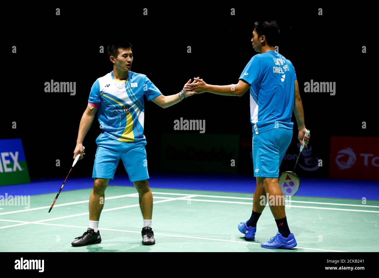 2019 Badminton World Championships - St. Jakobshalle Basel, Basel,  Switzerland - August 22, 2019 Taiwan's Su Ching Heng and Liao Min Chun  react during their third round men's doubles match against Denmark's