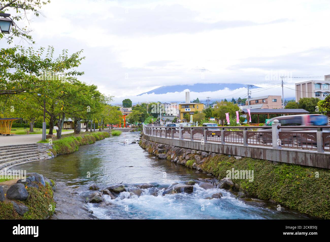 View of mt. Fuji and Kanda River from Fujisan Hongu Sengen Taisha shrine in Fujinomiya town, Shizuoka. Stock Photo