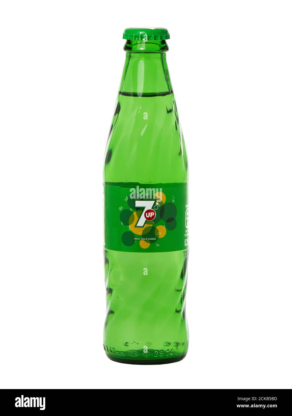 BUCHAREST, ROMANIA DECEMBER 23, 2017. 7up glass bottle isolated on white. 7up is a carbonated soft drink Stock Photo