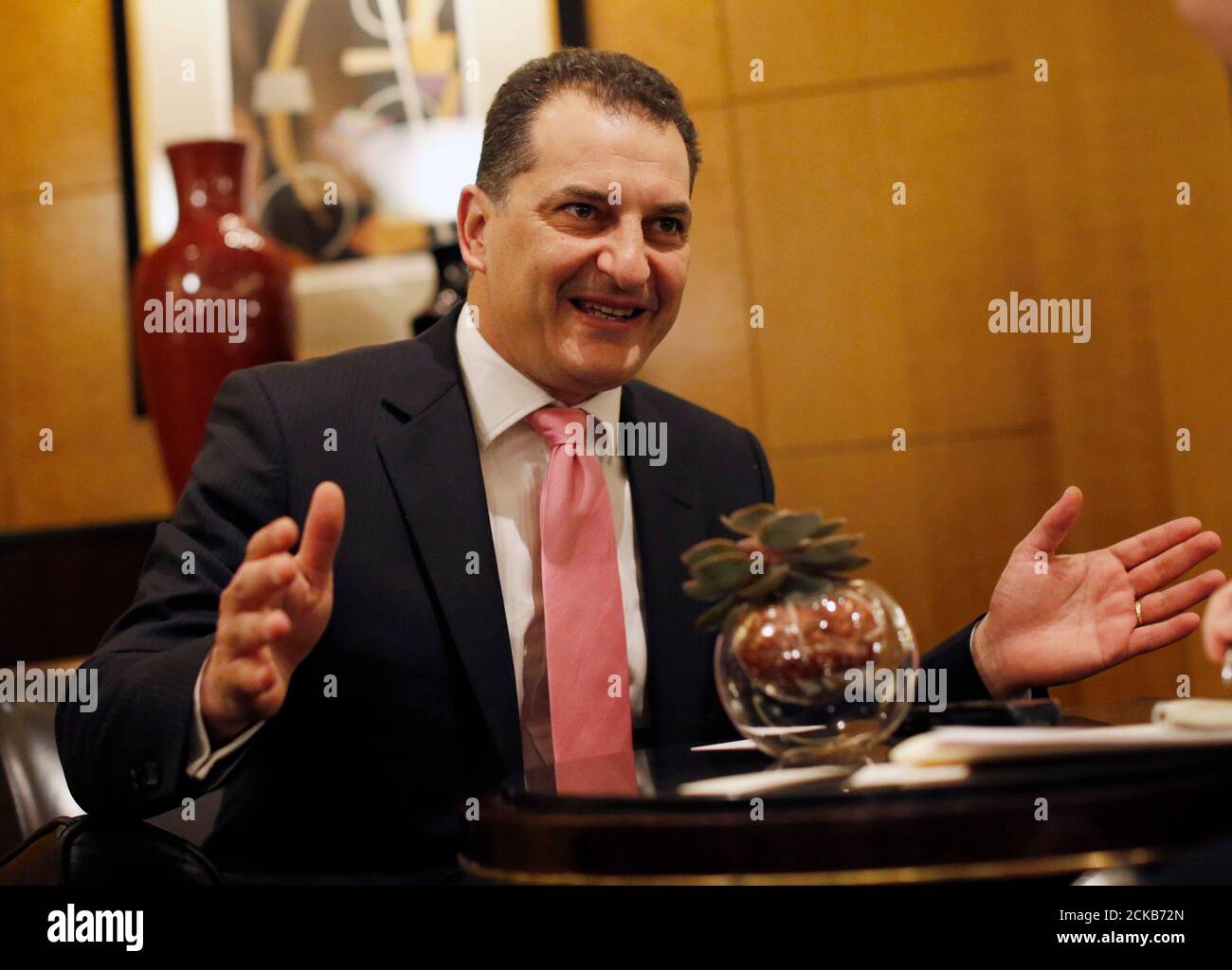 Yiorgos Lakkotrypis, Cyprus' Minister of Energy, Commerce, Industry and Tourism, speaks during an interview in New York March 11, 2015.  REUTERS/Shannon Stapleton (UNITED STATES - Tags: POLITICS ENERGY) Stock Photo