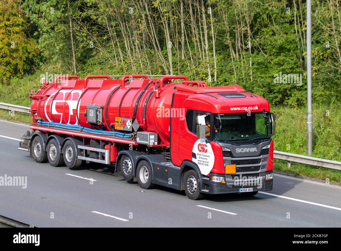 Csg Uk Waste Management Company Haulage Delivery Trucks Tanker Lorry Transportation Truck Cargo Carrier Scania Red R450 Vehicle European Commercial Transport Industry Hgv M6 At Manchester Uk Stock Photo Alamy