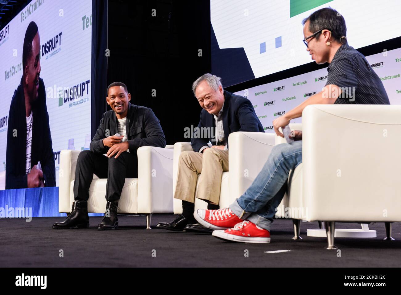 Actor Will Smith Laughs With Director Ang Lee During A Discussion About Their New Film Gemini Man At The Techcrunch Disrupt Forum In San Francisco California U S October 2 2019 Reuters Kate Munsch<script async src=