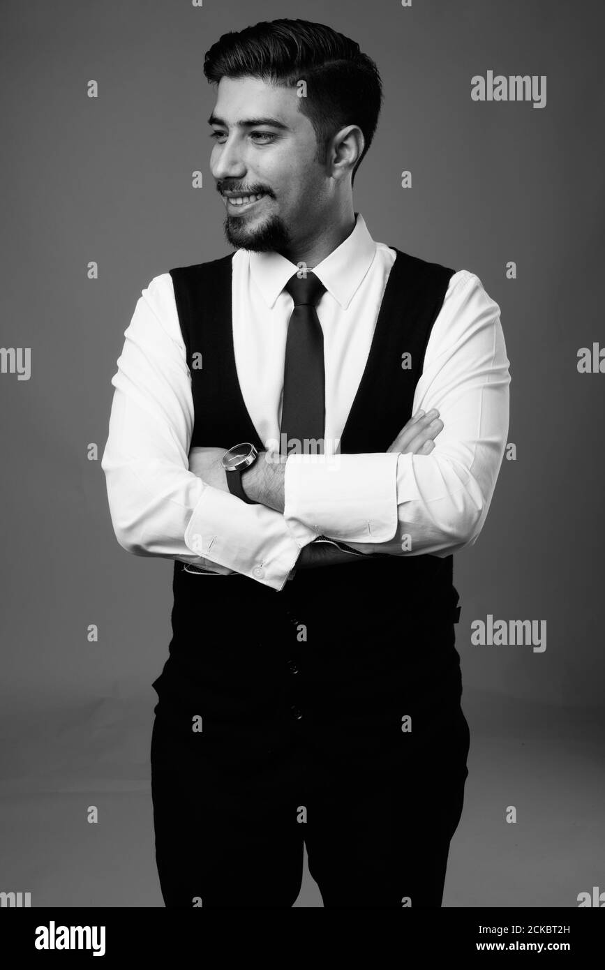 Side view smiling handsome businessman Black and White Stock Photos ...